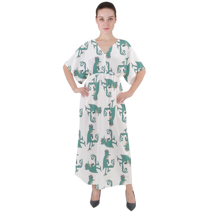 Creepy Monster Bird Drawing Motif Pattern V-Neck Boho Style Maxi Dress