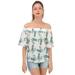 Creepy Monster Bird Drawing Motif Pattern Off Shoulder Short Sleeve Top