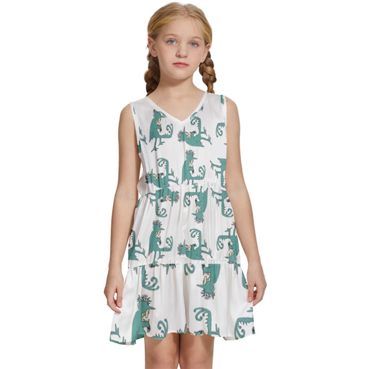 Creepy Monster Bird Drawing Motif Pattern Kids  Sleeveless Tiered Mini Dress