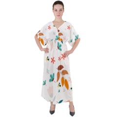 Flowers Leaves Background Floral V-neck Boho Style Maxi Dress by Grandong