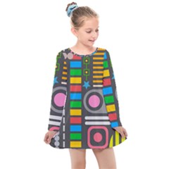 Pattern Geometric Abstract Colorful Arrows Lines Circles Triangles Kids  Long Sleeve Dress by Grandong