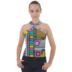 Pattern Geometric Abstract Colorful Arrows Lines Circles Triangles Cross Neck Velour Top by Grandong