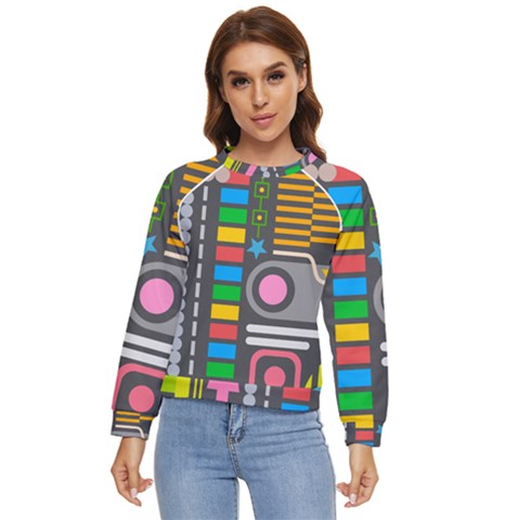 Pattern Geometric Abstract Colorful Arrows Lines Circles Triangles Women s Long Sleeve Raglan T-shirt by Grandong