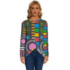 Pattern Geometric Abstract Colorful Arrows Lines Circles Triangles Long Sleeve Crew Neck Pullover Top by Grandong