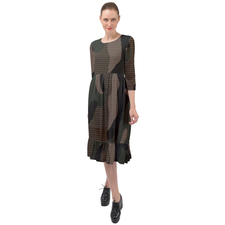 Camo, Abstract, Beige, Black, Brown Military, Mixed, Olive Ruffle End Midi Chiffon Dress