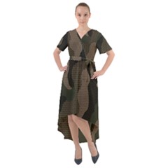 Camo, Abstract, Beige, Black, Brown Military, Mixed, Olive Front Wrap High Low Dress