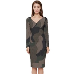 Camo, Abstract, Beige, Black, Brown Military, Mixed, Olive Long Sleeve V-neck Bodycon Dress  by nateshop