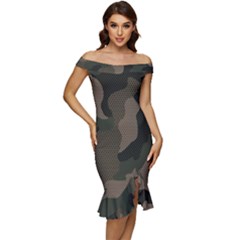 Camo, Abstract, Beige, Black, Brown Military, Mixed, Olive Off Shoulder Ruffle Split Hem Bodycon Dress by nateshop