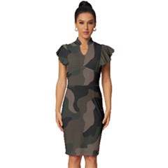 Camo, Abstract, Beige, Black, Brown Military, Mixed, Olive Vintage Frill Sleeve V-neck Bodycon Dress by nateshop