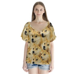 Doge, Memes, Pattern V-neck Flutter Sleeve Top by nateshop