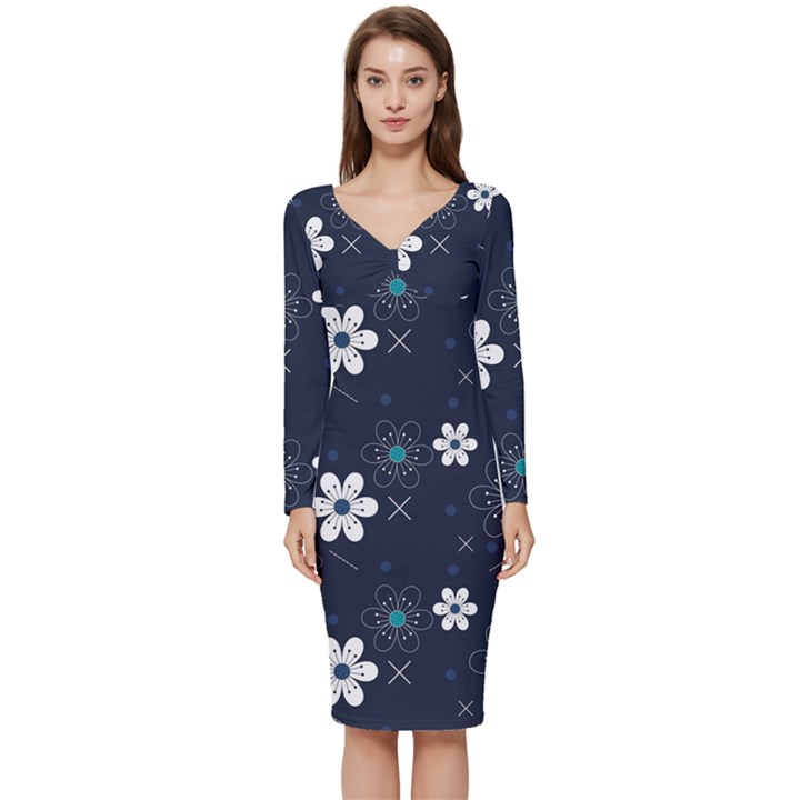 Flowers Pattern , Pattern, Flowers, Texture Long Sleeve V-Neck Bodycon Dress 