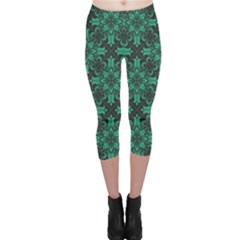 Green Damask Pattern Vintage Floral Pattern, Green Vintage Capri Leggings  by nateshop