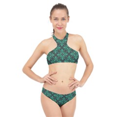 Green Damask Pattern Vintage Floral Pattern, Green Vintage High Neck Bikini Set by nateshop