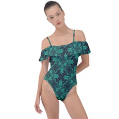 Green Damask Pattern Vintage Floral Pattern, Green Vintage Frill Detail One Piece Swimsuit by nateshop