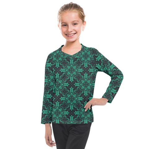 Green Damask Pattern Vintage Floral Pattern, Green Vintage Kids  Long Mesh T-shirt by nateshop