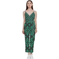 Green Damask Pattern Vintage Floral Pattern, Green Vintage V-neck Camisole Jumpsuit by nateshop