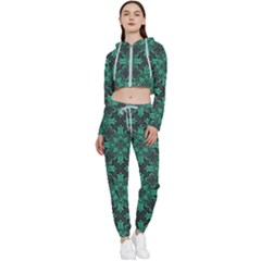 Green Damask Pattern Vintage Floral Pattern, Green Vintage Cropped Zip Up Lounge Set by nateshop