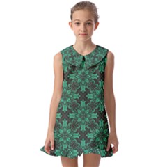 Green Damask Pattern Vintage Floral Pattern, Green Vintage Kids  Pilgrim Collar Ruffle Hem Dress