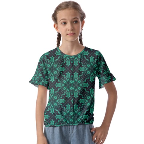 Green Damask Pattern Vintage Floral Pattern, Green Vintage Kids  Cuff Sleeve Scrunch Bottom T-shirt by nateshop