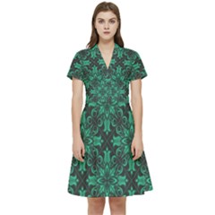 Green Damask Pattern Vintage Floral Pattern, Green Vintage Short Sleeve Waist Detail Dress by nateshop