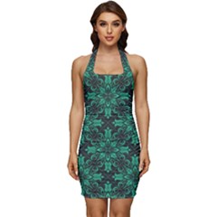 Green Damask Pattern Vintage Floral Pattern, Green Vintage Sleeveless Wide Square Neckline Ruched Bodycon Dress by nateshop