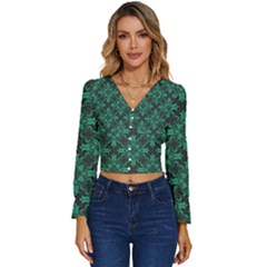 Green Damask Pattern Vintage Floral Pattern, Green Vintage Long Sleeve V-neck Top by nateshop