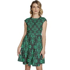 Green Damask Pattern Vintage Floral Pattern, Green Vintage Cap Sleeve High Waist Dress by nateshop