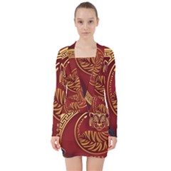 Holiday, Chinese New Year, Year Of The Tiger V-neck Bodycon Long Sleeve Dress by nateshop