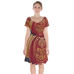 Holiday, Chinese New Year, Year Of The Tiger Short Sleeve Bardot Dress by nateshop