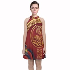 Holiday, Chinese New Year, Year Of The Tiger Velvet Halter Neckline Dress  by nateshop