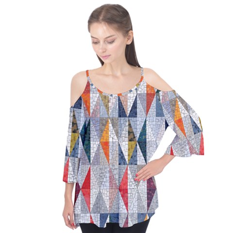 Mosaic, Colorful, Rhombuses, Pattern, Geometry Flutter Sleeve T-shirt  by nateshop