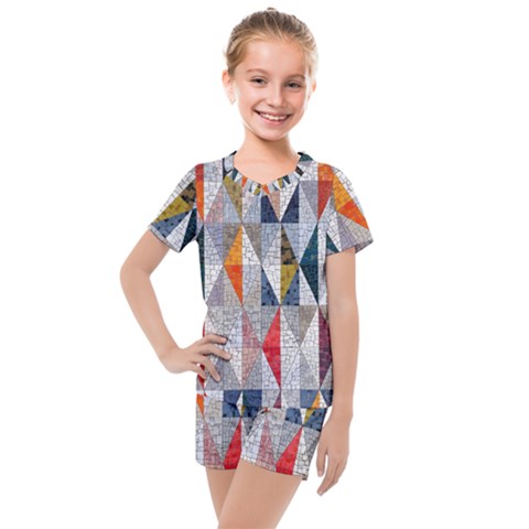 Mosaic, Colorful, Rhombuses, Pattern, Geometry Kids  Mesh T-shirt And Shorts Set by nateshop