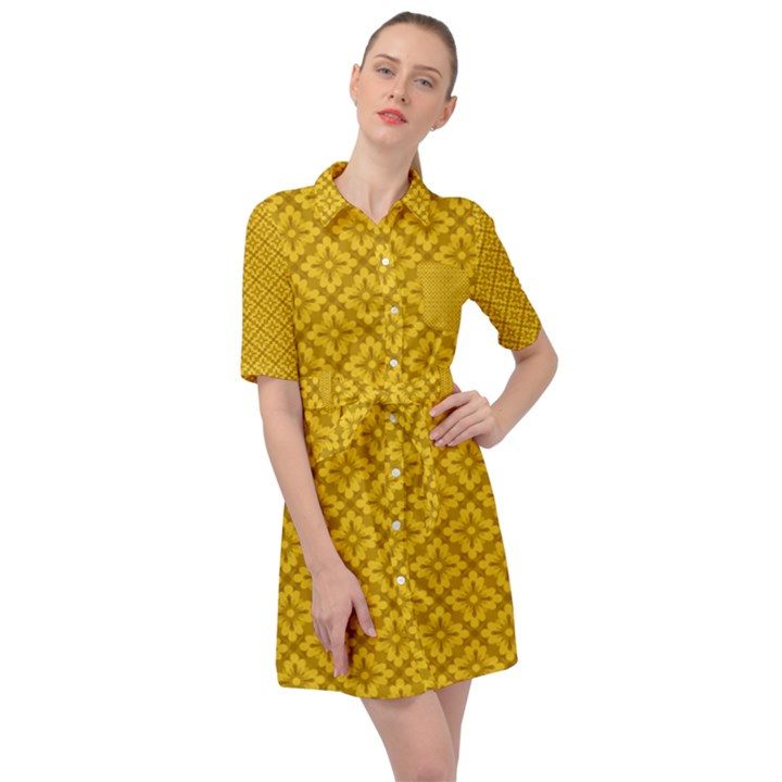 Yellow Floral Pattern Vintage Pattern, Yellow Background Belted Shirt Dress