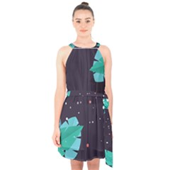 Leaves Flowers Border Frame Floral Halter Collar Waist Tie Chiffon Dress by Grandong