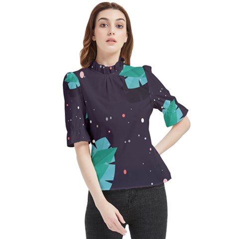 Leaves Flowers Border Frame Floral Frill Neck Blouse by Grandong