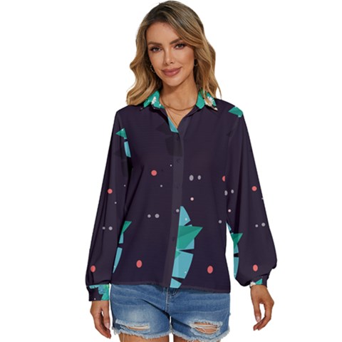 Leaves Flowers Border Frame Floral Women s Long Sleeve Button Up Shirt by Grandong