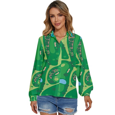 Golf Course Par Golf Course Green Women s Long Sleeve Button Up Shirt by Grandong