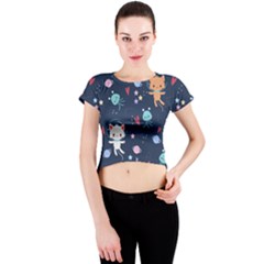 Cute Astronaut Cat With Star Galaxy Elements Seamless Pattern Crew Neck Crop Top by Grandong