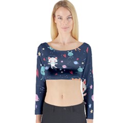 Cute Astronaut Cat With Star Galaxy Elements Seamless Pattern Long Sleeve Crop Top by Grandong