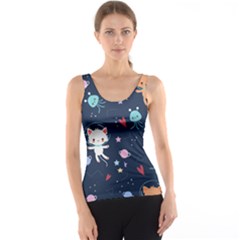 Cute Astronaut Cat With Star Galaxy Elements Seamless Pattern Women s Basic Tank Top by Grandong