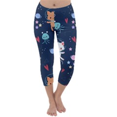 Cute Astronaut Cat With Star Galaxy Elements Seamless Pattern Capri Winter Leggings  by Grandong