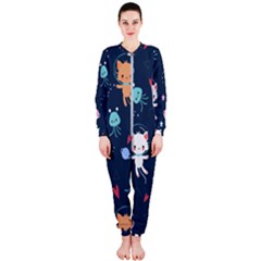 Cute Astronaut Cat With Star Galaxy Elements Seamless Pattern Onepiece Jumpsuit (ladies)