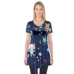 Cute Astronaut Cat With Star Galaxy Elements Seamless Pattern Short Sleeve Tunic  by Grandong