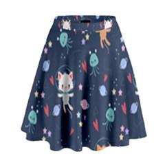 Cute Astronaut Cat With Star Galaxy Elements Seamless Pattern High Waist Skirt by Grandong