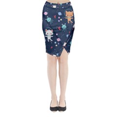 Cute Astronaut Cat With Star Galaxy Elements Seamless Pattern Midi Wrap Pencil Skirt by Grandong