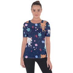 Cute Astronaut Cat With Star Galaxy Elements Seamless Pattern Shoulder Cut Out Short Sleeve Top by Grandong