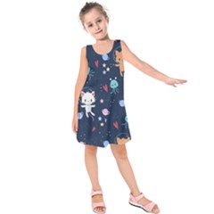 Cute Astronaut Cat With Star Galaxy Elements Seamless Pattern Kids  Sleeveless Dress by Grandong