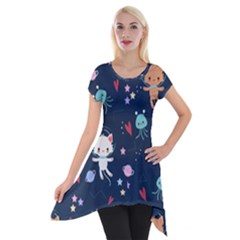 Cute Astronaut Cat With Star Galaxy Elements Seamless Pattern Short Sleeve Side Drop Tunic by Grandong