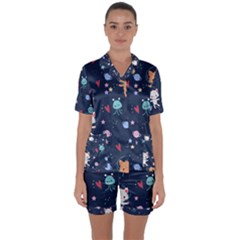 Cute Astronaut Cat With Star Galaxy Elements Seamless Pattern Satin Short Sleeve Pajamas Set by Grandong