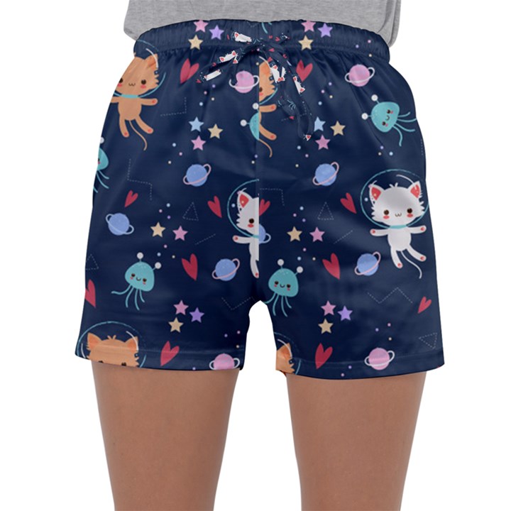 Cute Astronaut Cat With Star Galaxy Elements Seamless Pattern Sleepwear Shorts